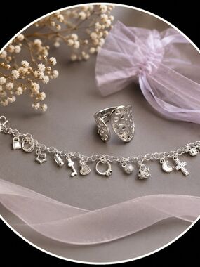 Sterling Silver Charm Bracelet Ring Set Silver